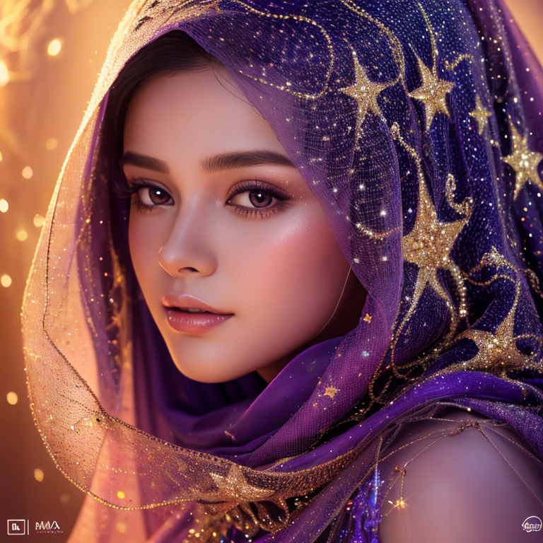 imagine a very realistic oil painting, a woman wearing an Indonesian veil, looking at a large 3D text in her hand that says "MARIA", purple text, decorated with Glitter and orange light behind it. She wore a hijab and a Muslim veil. Glitter Background. very detail.photo full HD, perfect clear contrast, 16k, front focus; original photo.beautiful digital painting, beautiful art uhd 4k, beautiful digital artwork, beautiful digital illustration, very beautiful portrait, beautiful detailed portrait, beautiful digital art, very digital art beautiful, stunning digital painting, detailed beauty portrait, beautiful digital painting, 4k detailed painting, beautiful beautiful digital art, UHD, realistic, faint smile.