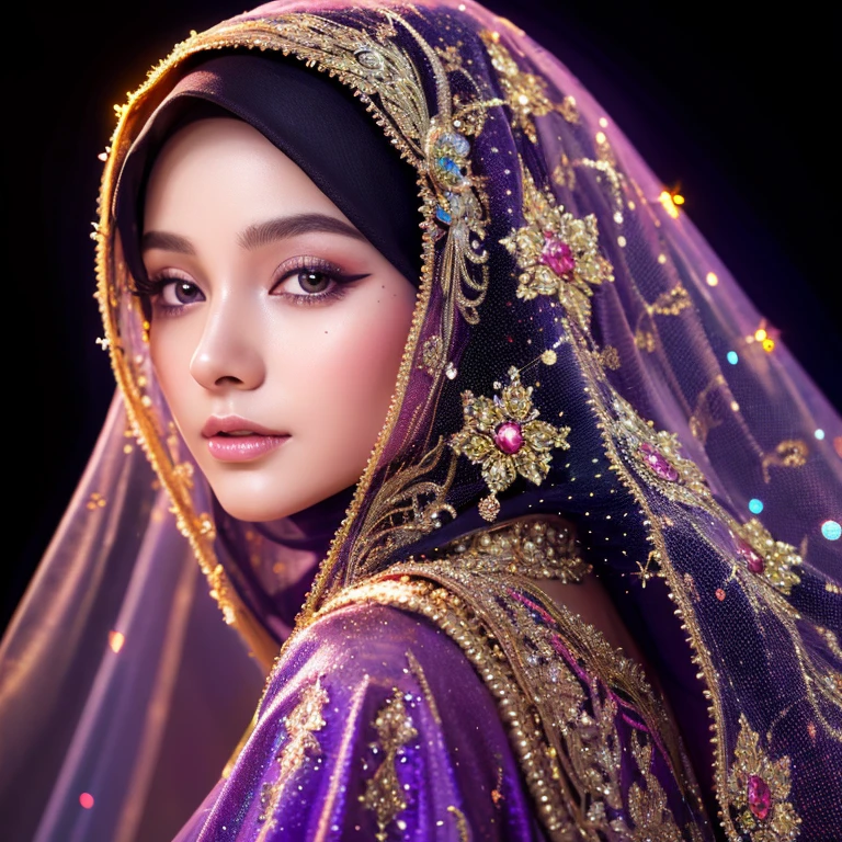 imagine a very realistic oil painting, a woman wearing an Indonesian veil, looking at a large 3D text in her hand that says "MARIA", purple text, decorated with Glitter and orange light behind it. She wore a hijab and a Muslim veil. Glitter Background. very detail.photo full HD, perfect clear contrast, 16k, front focus; original photo.beautiful digital painting, beautiful art uhd 4k, beautiful digital artwork, beautiful digital illustration, very beautiful portrait, beautiful detailed portrait, beautiful digital art, very digital art beautiful, stunning digital painting, detailed beauty portrait, beautiful digital painting, 4k detailed painting, beautiful beautiful digital art, UHD, realistic, faint smile.