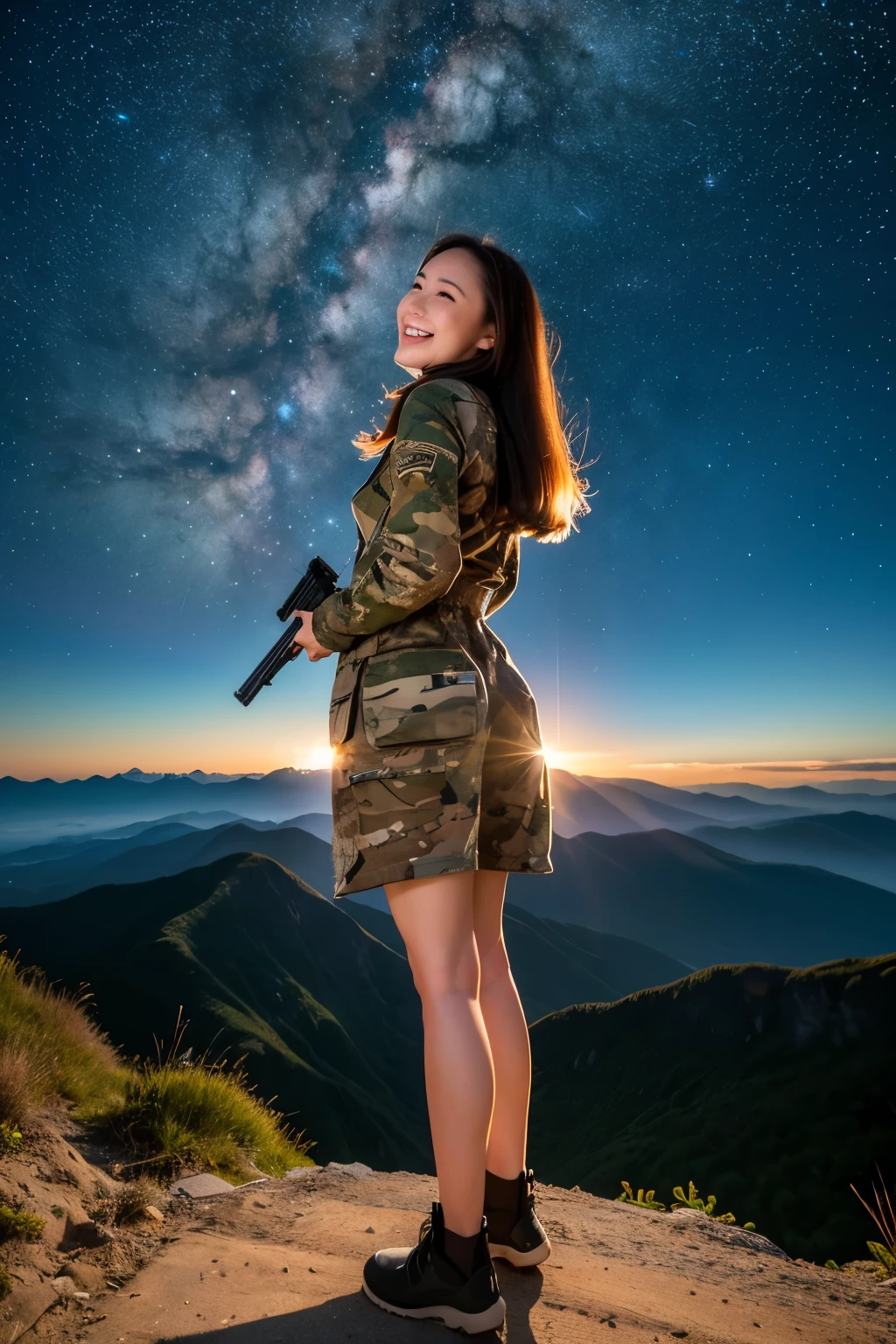 Ultra-high resolution、highest quality、masterpiece、horizon、Falling Stars、universe、Night Sky、shooting star、Kirameki、stare、young woman、Real、Back view、turn around、Long legs、Reach out、Receiving light、Loneliness、Sky、fantastic、Woman warrior、Camouflage clothing、smile、Holding a gun、future