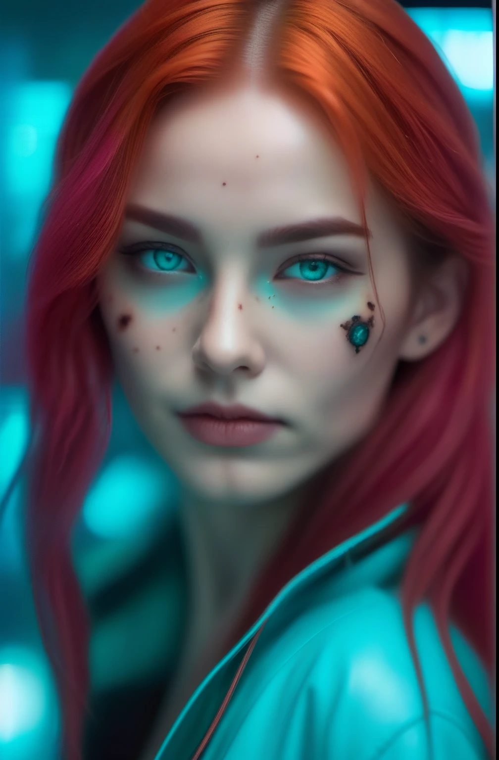 (masterpiece,best quality, ultra realistic,32k,RAW photo,high detailed skin, 8k uhd, dslr,high quality, film grain:1.1),
long hair, Copper hair:1.1,portrait,lady, brown eyes, Amaranth cyberpunk, freckles,
(Teal gradient background,led light, edge light, simple background)