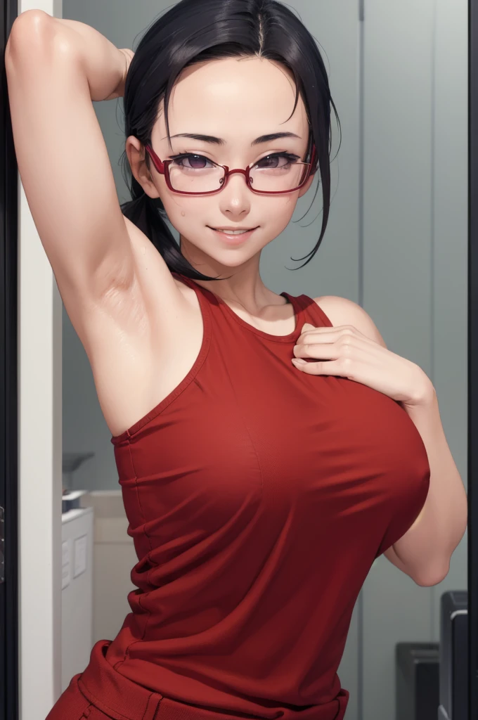 masterpiece, best quality, satou sakie, glasses, wearing red tanktop shirt, red pants, looking at viewer, large breasts, upper body, portrait, looking at viewer, parted lips, smile, both hands raised, armpits, armpits visible, sweaty armpits, from bottom