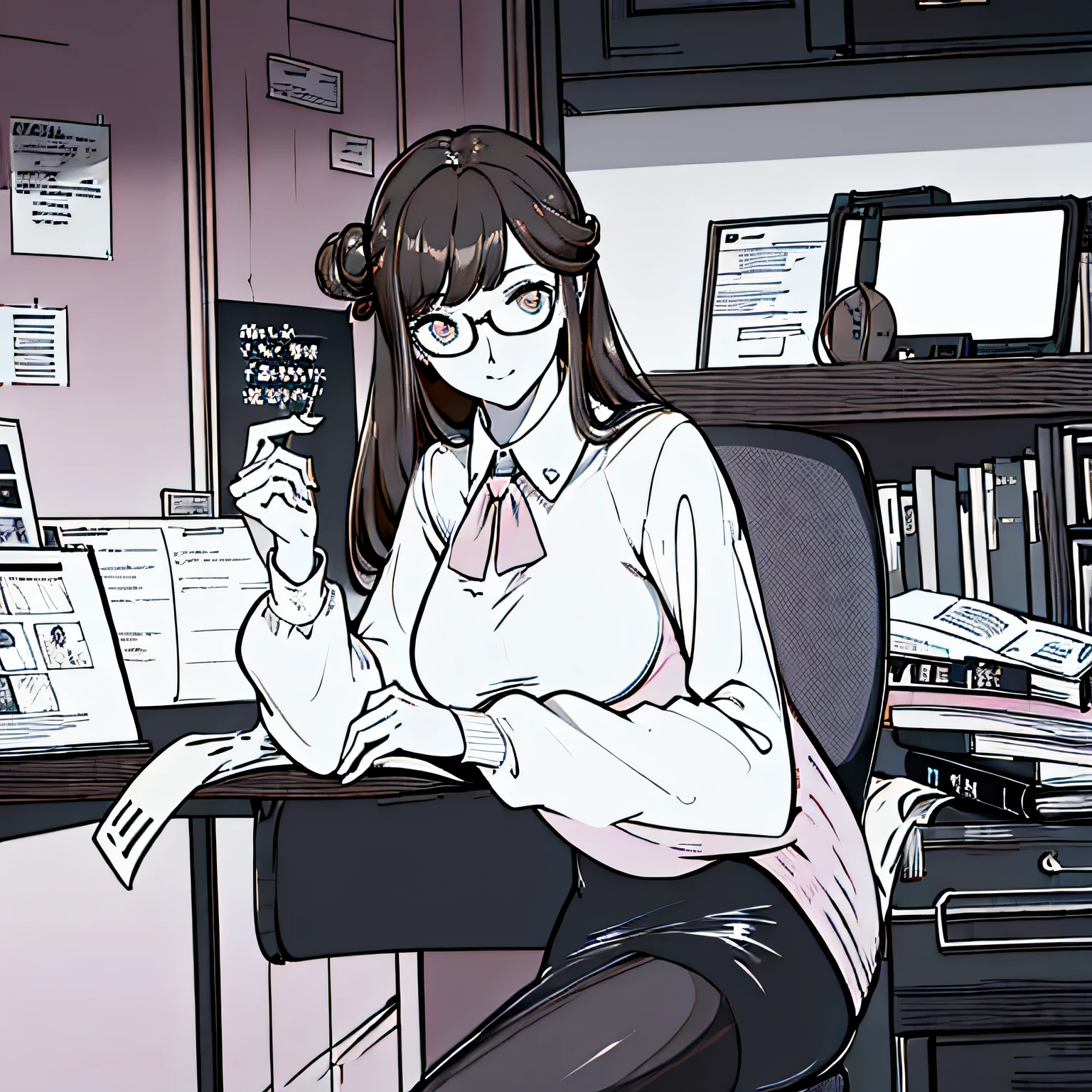 (masterpiece:1.2, top-quality), (realistic, photorealistic:1.4), beautiful illustration, (natural side lighting, movie lighting),
looking at viewer, cowboy shot, front view:0.6, 1 girl, japanese, high school girl, perfect face, cute and symmetrical face, shiny skin,
(middle hair:1.8, half updo:1.4, brown hair), asymmetrical bangs, gold eyes, (large breasts:1.1, thick thighs),
beautiful hair, beautiful face, beautiful detailed eyes, beautiful clavicle, beautiful body, beautiful chest, beautiful thigh, beautiful legs,
((long sleeves, white collared shirt, black pencil skirt), id card, strap, black high heels), black-rimmed glasses, pink panties,
(beautiful scenery), evening, (computer office, desk, chair, sitting chair, crossed legs), (lovely smile, upper eyes),