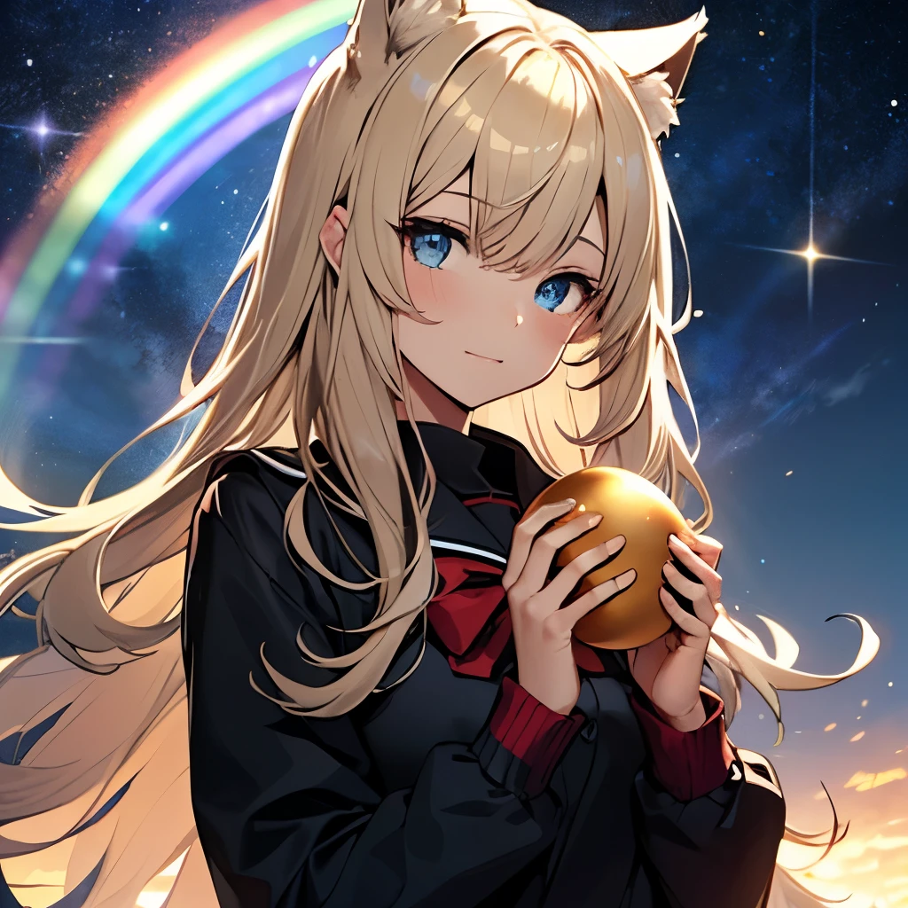 High resolution,(rainbow in the starry sky:1.2), (A girl holds a golden egg with both hands),detailed black sailor uniform, detailed wide open blue eyes, beautiful long gold hair, Cat ear,moon