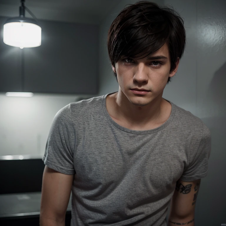 He is an emo boy very sad and crying, white complexion, slim, grayish blue eyes, dark brown hair, short emo hairstyle and he is 1.91 cm tall, very handsome, Polish and looks like the character called Dominik santorski From the movie suicide room make him with his mexican girlfriend she is curvy , black eyes Deep, short and with big busts, both dress emo