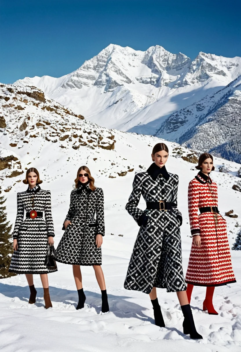 winter 2014/15 Dolce & Gabbana winter collection shot in winter sunshine with snowy mountains as a backdrop, in the style of 1970s, peppermint, terry o'neill, monumental ensembles, matte photo, long lens, wide lens, RAW photo