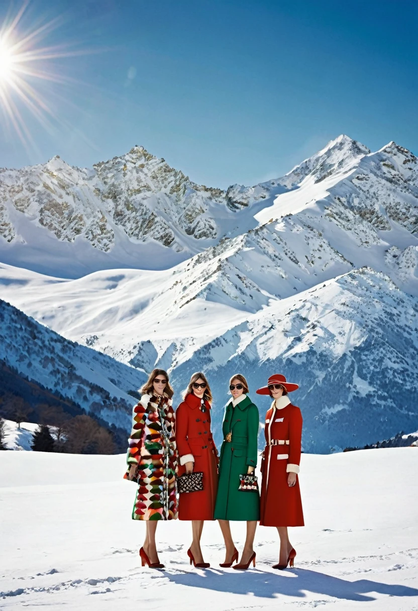 winter 2014/15 Dolce & Gabbana winter collection shot in winter sunshine with snowy mountains as a backdrop, in the style of 1970s, peppermint, terry o'neill, monumental ensembles, matte photo, long lens, wide lens, RAW photo