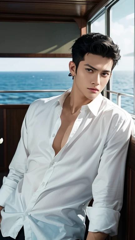 (masterpiece), best quality, perfect face, 1boy, a handsome man, a man, full body, on the ship, sea, Roronoa Zoro, scar cross-eye, black hair, white shirt, earrings