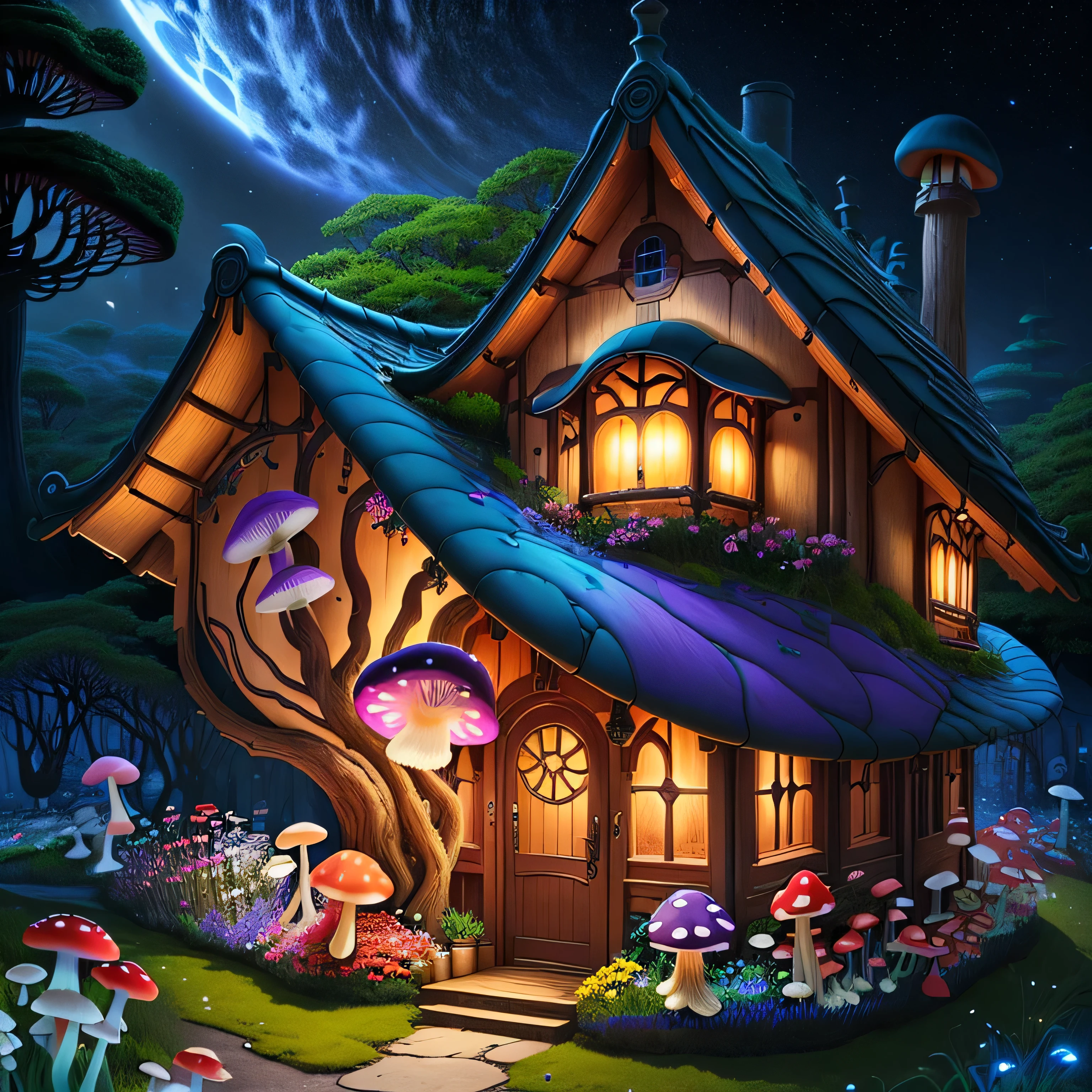 (Swirling colorful flowers), (Fantasy、Mushroom House), (Midnight),(Mysterious), it's raining、lightning、thunder、dream-like, paint:Thomas Kinkade, Art Station, Inspirational Wallpapers