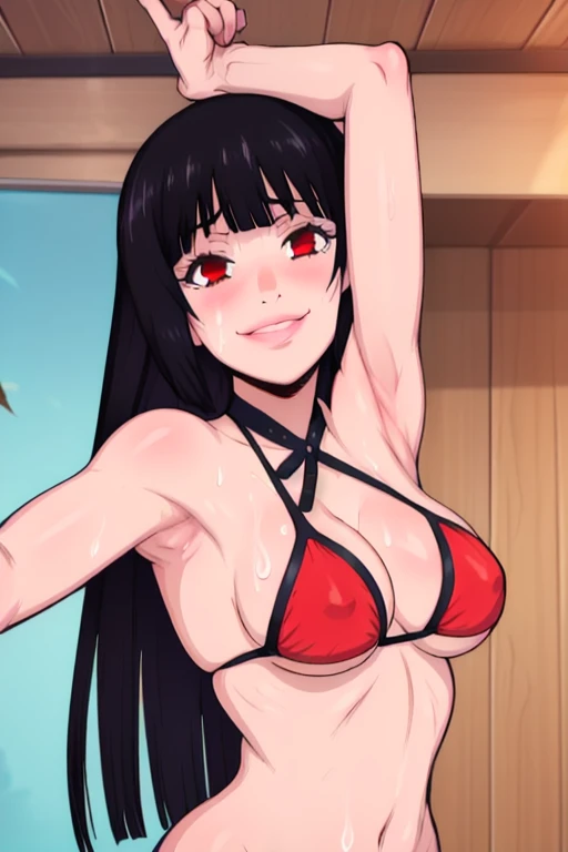 masterpiece, best quality, jabami yumeko, looking at viewer, black hair, red eyes color, large breasts, upper body, portrait, looking at viewer, seductive smile,both hands raised, armpits, armpits visible, sweaty armpits,, wearing bikini, backround beach