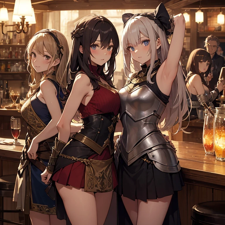 A group of female medieval fantasy adventurers, (in tavern), various hair styles, harem, night, details face, short skirt, seducing, sleeveless, armor, armpits