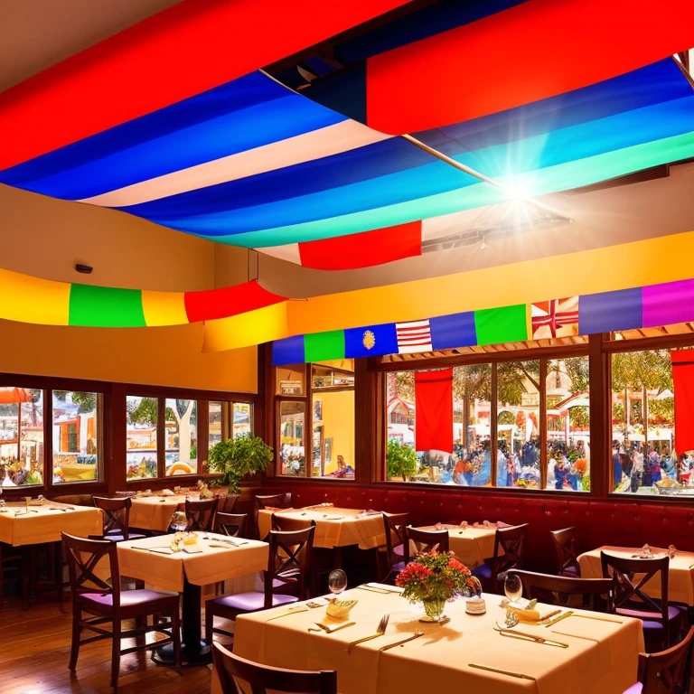 A vibrant and colorful multicultural restaurant, adorned with flags of various countries, creates an intriguing atmosphere (detailed illustration). The walls are adorned with an incredible collection of flags, each one representing a unique and diverse cultural background (realistic, high-definition rendering). The sunlight peeks in through the large windows, casting beautiful rays of light that dance across the tablecloths and colorful decor (cinematic lighting effect). The aroma of various dishes wafts through the air, enticing passersby and drawing them in to explore the menu and immerse themselves in this global culinary experience (amazing, sharp focus illustration). The restaurant's unique ambiance