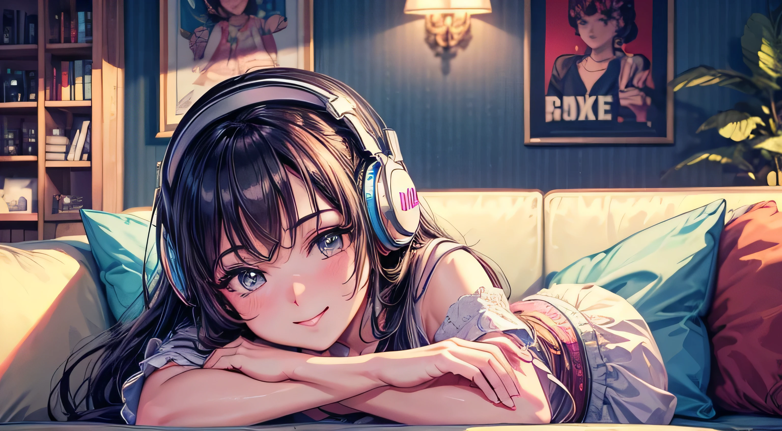 highest quality, 4k wallpaper, masterpiece, Very detailed CG Unity 8k wallpaper, Very fine grain, Very detailed, Intricate details, Close-up of one happy girl in the center, Retro art style, neon_Pop Art Style, indoor,Relax on the sofa,headphone,cushion