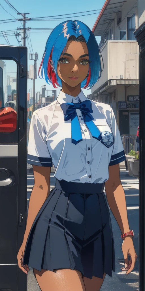 (masterpiece, highres, 8K, highly detailed, intricate, colorful, vibrant image, sharp focus, digital blending, 4K, trending on pixiv, best quality:1.3) Ingrid ((mid high school uniform)) solo, mature female, 40yo, milf, curvy (dark skinned female:1.15) dark skin, 80s and 90s. Old School Art