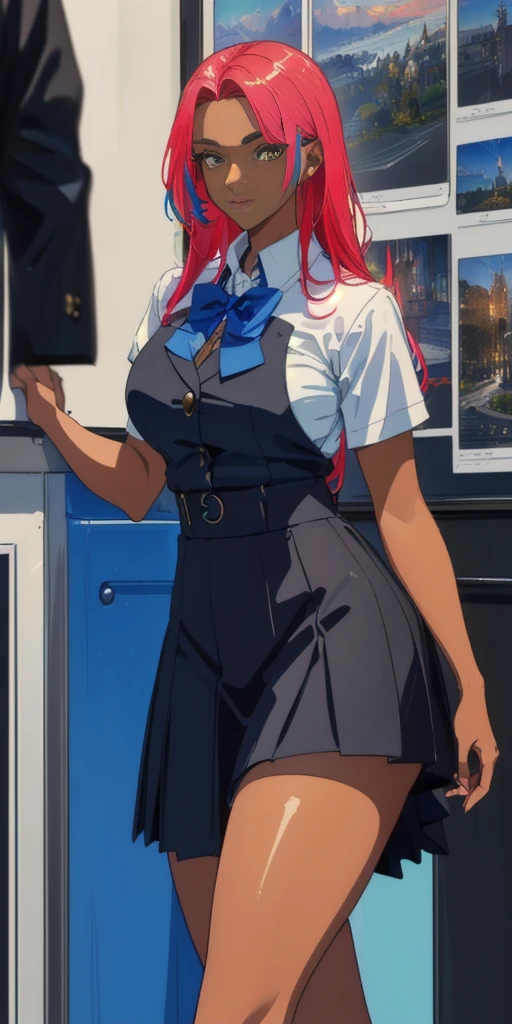 (masterpiece, highres, 8K, highly detailed, intricate, colorful, vibrant image, sharp focus, digital blending, 4K, trending on pixiv, best quality:1.3) Ingrid ((mid high school uniform)) solo, mature female, 40yo, milf, curvy (dark skinned female:1.15) dark skin, 80s and 90s. Old School Art