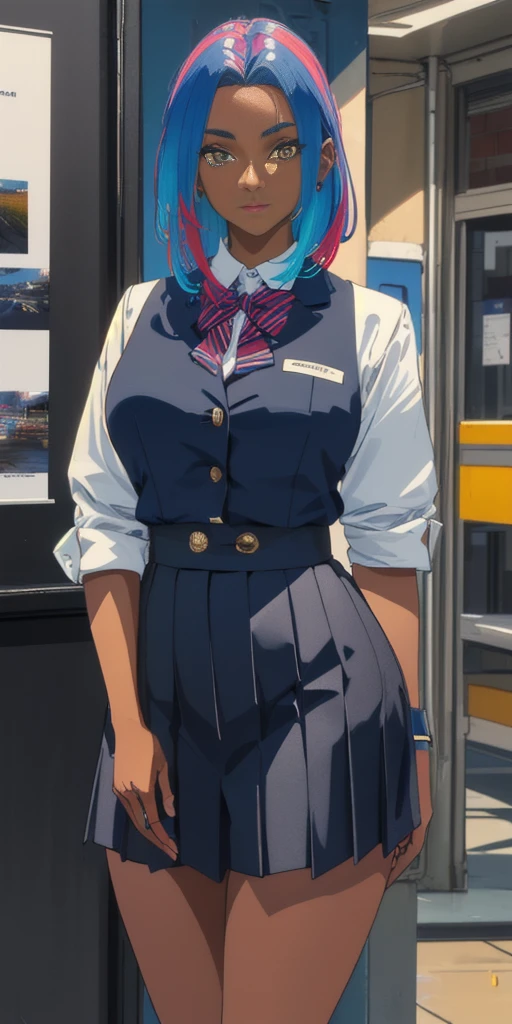 (masterpiece, highres, 8K, highly detailed, intricate, colorful, vibrant image, sharp focus, digital blending, 4K, trending on pixiv, best quality:1.3) Ingrid ((mid high school uniform)) solo, mature female, 40yo, milf, curvy (dark skinned female:1.15) dark skin, 80s and 90s. Old School Art