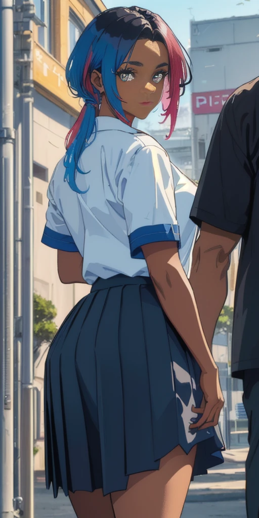(masterpiece, highres, 8K, highly detailed, intricate, colorful, vibrant image, sharp focus, digital blending, 4K, trending on pixiv, best quality:1.3) Ingrid ((mid high school uniform)) solo, mature female, 40yo, milf, curvy (dark skinned female:1.15) dark skin, 80s and 90s. Old School Art