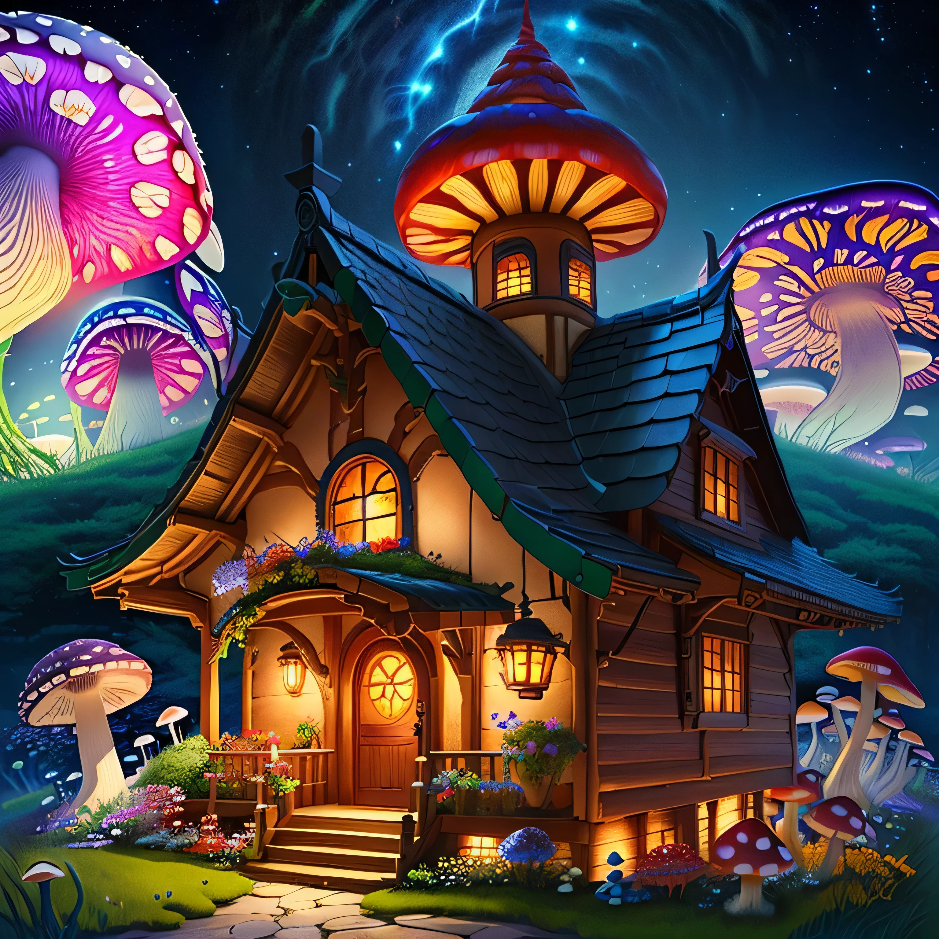 (Swirling colorful flowers), (Fantasy、Mushroom House), (Midnight),(Mysterious), it&#39;s raining、lightning、thunder、dream-like, paint:Thomas Kinkade, Art Station, Inspirational Wallpapers
