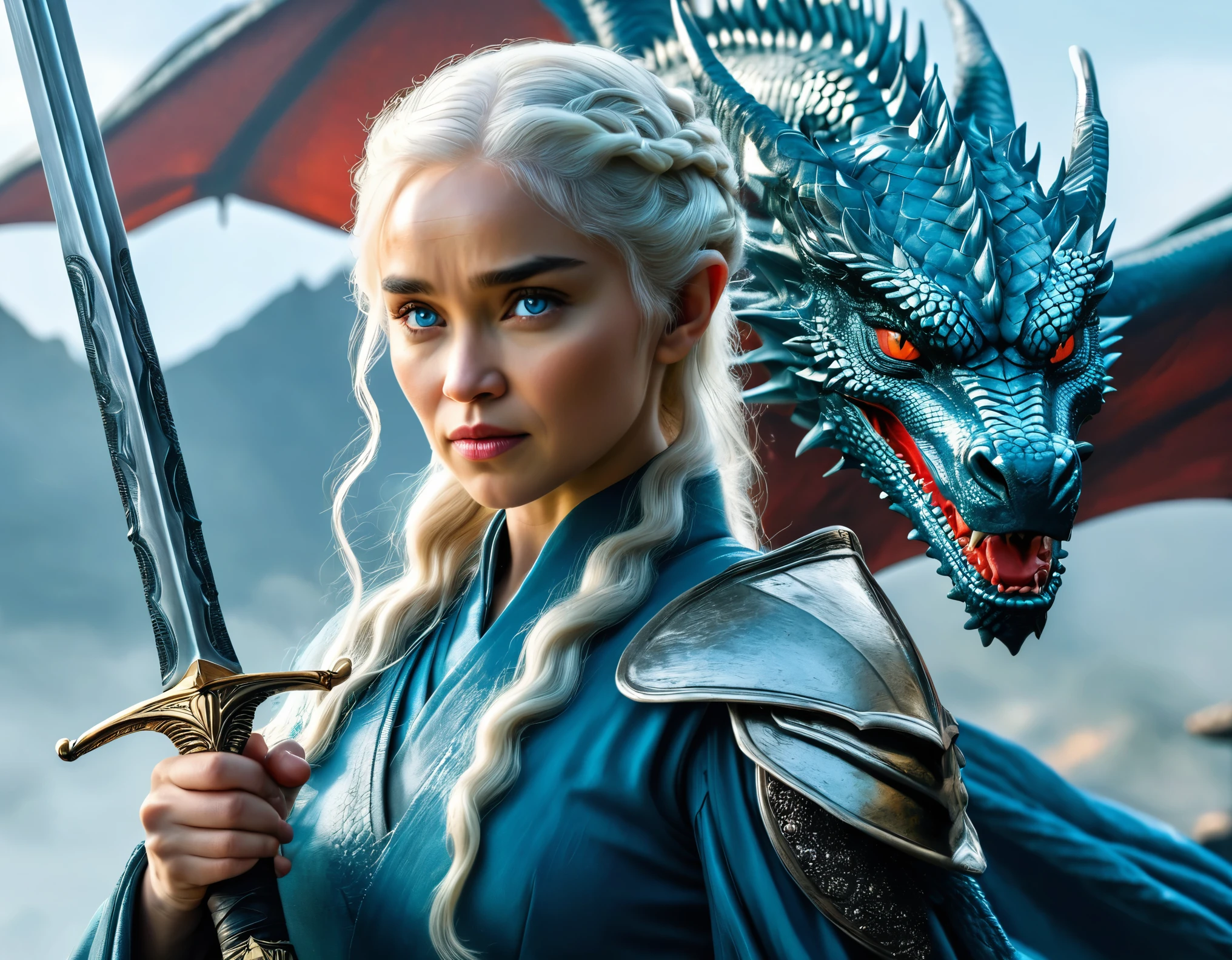 grey haired female swordwoman Daenerys Targaryen with cold blue eyes with her dragon, fantasy, solo,1sword, Hold the hilt of a sword in your hand,Vertical Sword,Anatomically correct,Start-up,xianxia