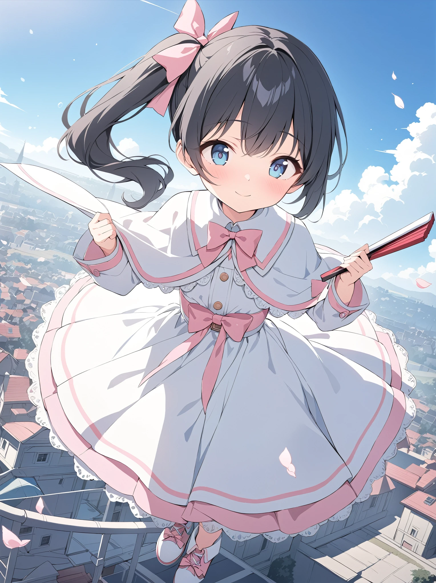 best quality, masterpiece, ultra resolution, super details, anatomically correct, full body, 1 girl, solo, (junior child:1.2), (black hair:1.2), high quality eyes, high quality hands, clear blue eyes, round eyes, (side ponytail on the left:1.4), (short hair), (pink lace ribbon:1.3), white dress with pink edge, (white caplet:1.3), (large collar bow:1.5), long sleeves, wide cuffs, pink wide waist belt, (long skirt), soft ankle boots, kind smile, holding a pair of folding fan, flying above a town, blue sky, warm bleeze, flying flower flakes, high quality background, depth of field, dynamic angle
