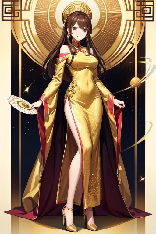 Anime Art、Full body portrait、Space SF millionaire、A Chinese-style woman, standing upright, about 180cm tall, about 38 years old, wearing a gold dress and holding a gold fan in her hand、Medium upstyle brown hair、A unique smile、High heels