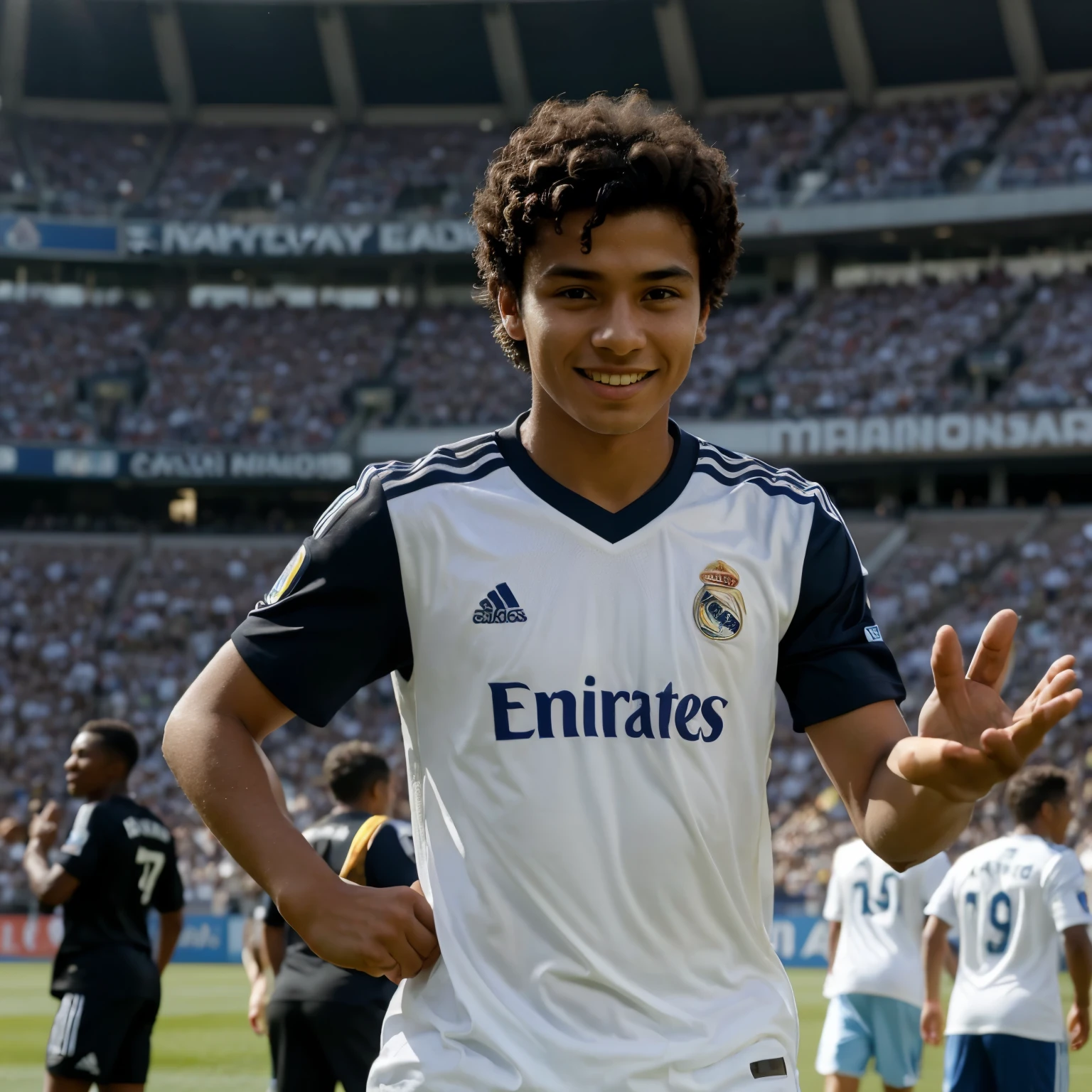 Obra maestra, mejor calidad，foto de un chico lindo，16 years old，pelo negro，Playing for Real Madrid with shirt number 7 and the name Roger，A happy expression。estilo pixar