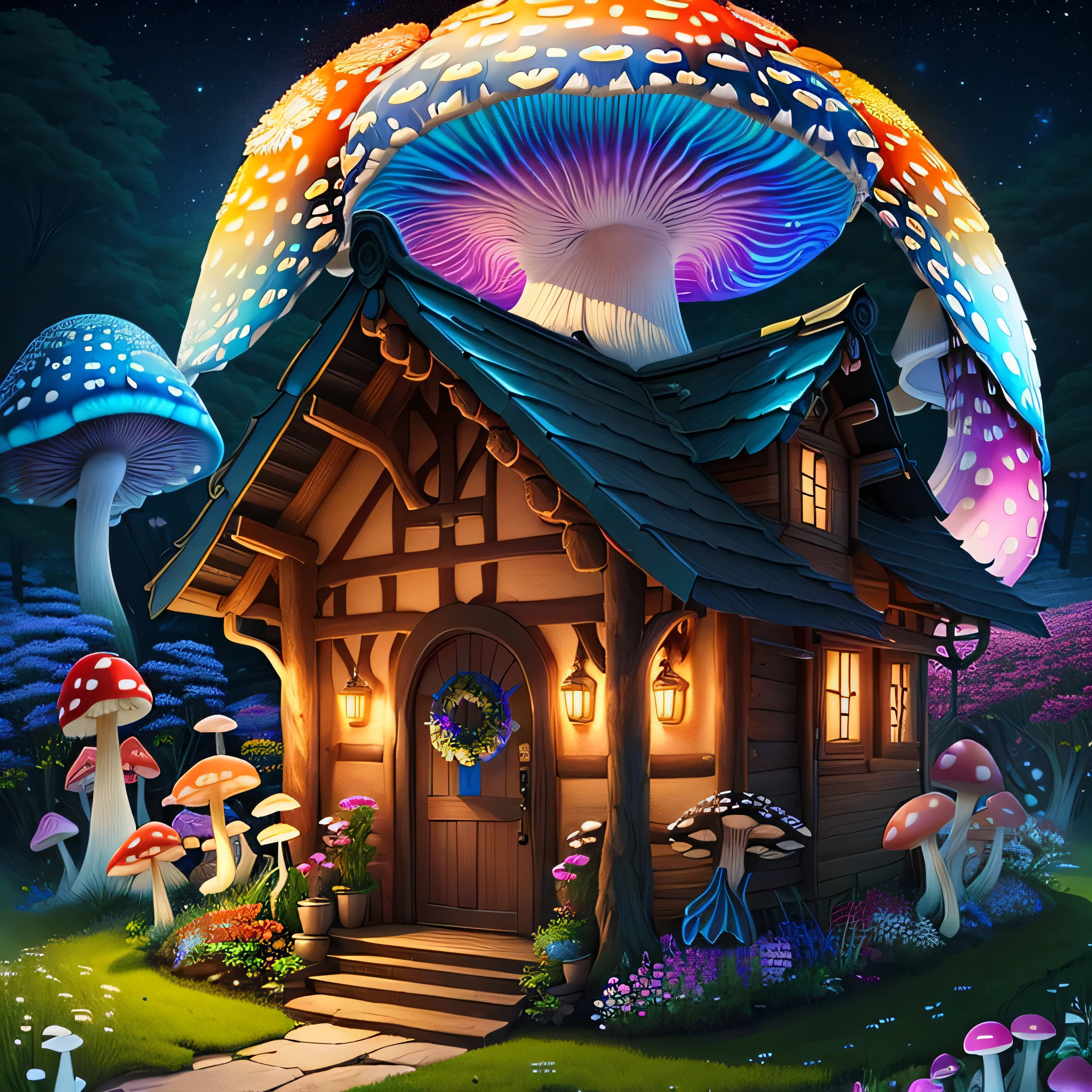 (Swirling colorful flowers), (Fantasy、Mushroom House), (Midnight),(Mysterious), it's raining、lightning、thunder、paint:Thomas Kinkade, Art Station, Inspirational Wallpapers