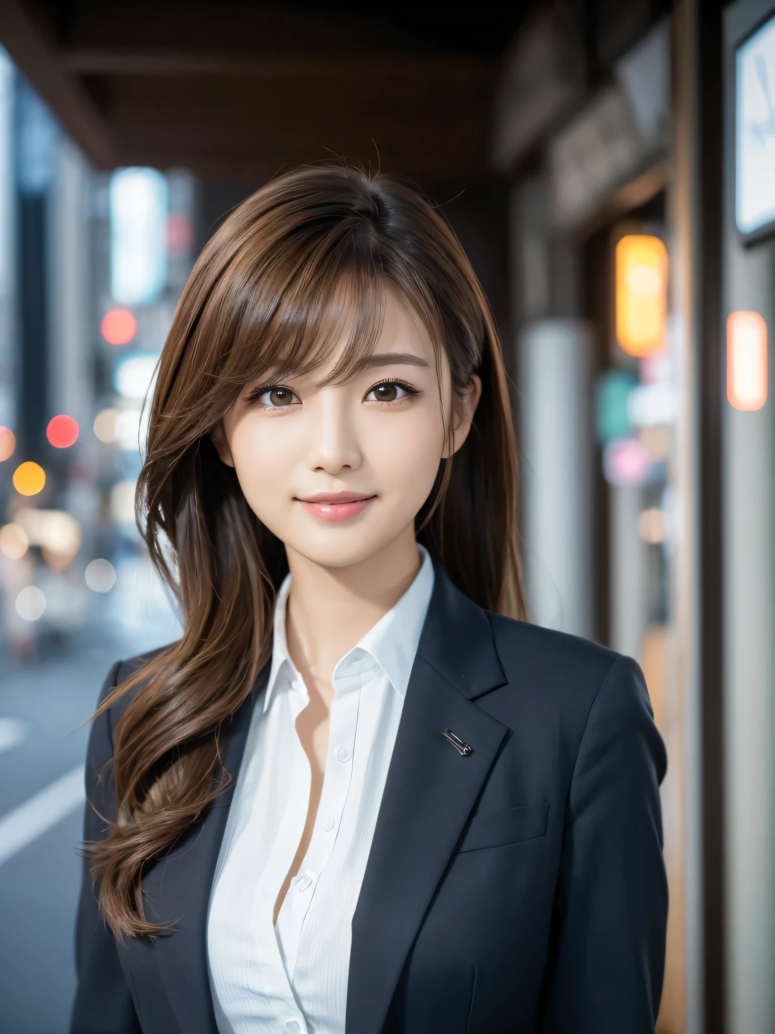 table top、highest quality、genuine、Super detailed、finely、High resolution、8k wallpaper、one beautiful woman、、、light brown disheveled hair、wearing a business suit、sharp focus、perfect dynamic composition、beautiful and detailed eyes、thin hair、Detailed genuine skin texture、smile、model body shape、In Tokyo at morning、