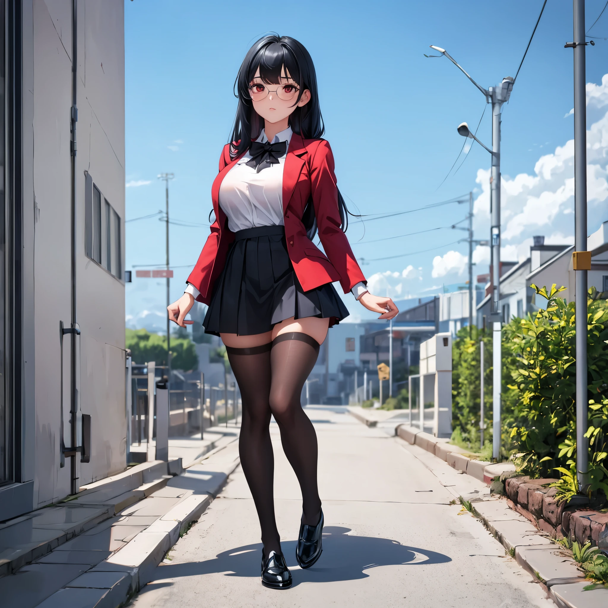 A woman wearing a red coat, white t-shirt, black bow on t-shirt, black skirt, black tights, big breasts, black women's shoes, long black hair, red bow in her hair, red eyes, kawaii face, walking in a school yard , full body, surrealism, drop shadow, anaglyph, stereogram, tachi-e, pov, atmospheric perspective, surrealism, flower, 8k, superdetail, accurate, best quality, UHD, anatomically correct, textured skin, high quality.