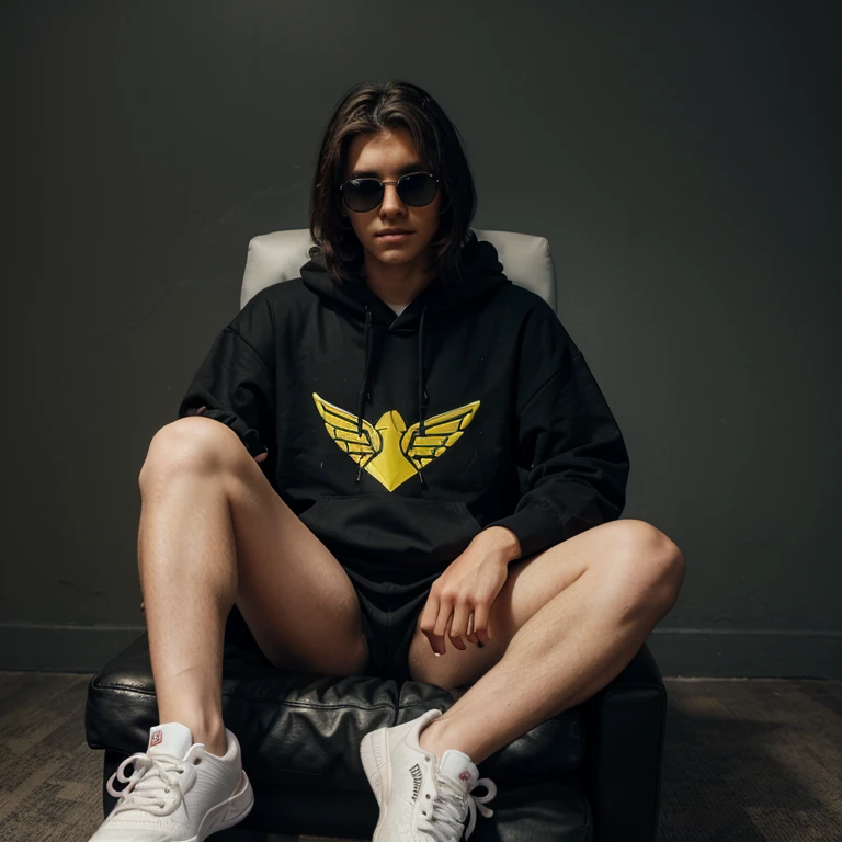 Create a 3D illusion for a profile picture where a 14 Year old cute boy in
a black hoodie Sitting casually on a Wingback chair. Wearing sneakers, and sunglasses, she looks ahead. The background
features ABOLFAZL in big and capital Yellow neon light fonts on the dark
grey wall. There should not be his shadow, and there are wings to make it
appear as if he is an angel