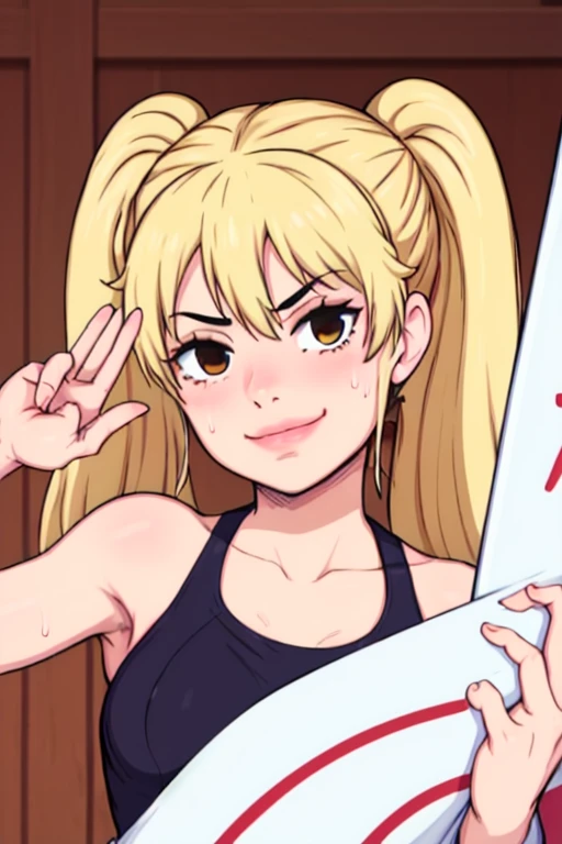 masterpiece, best quality, mary saotome, looking at viewer, small breasts, upper body, portrait, looking at viewer, seductive smile,both hands raised, armpits, armpits visible, sweaty armpits, twintail yellow hair