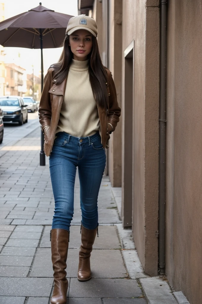 A beautiful, gorgeous croatian woman, super long straight brown hair, she is wearing a urban outfit, leather jacket, skinny denim trousers, a beige sweater, a newsboy cap and riding boots. She's walking by sidewalk at 11:00 am.
Esperando para empezar 
