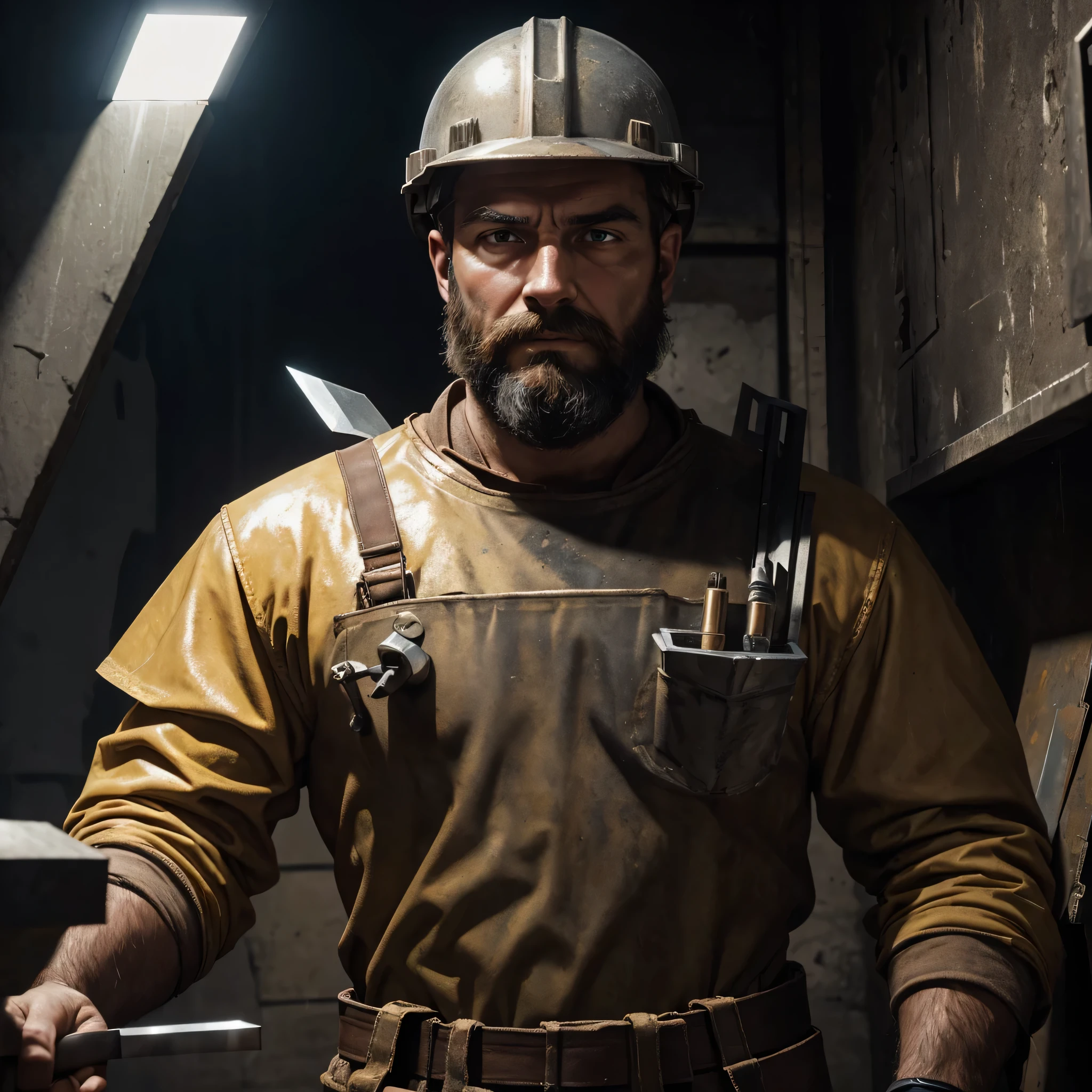 masterpiece, realistic, portrait of no beard man, miner pickaxe,miner suit, metal reflections, upper body, mining background, cold lightining, 6side dices incraved in background walls, professional photograph, sharp focus, dramatic, award winning, cinematic lighting.