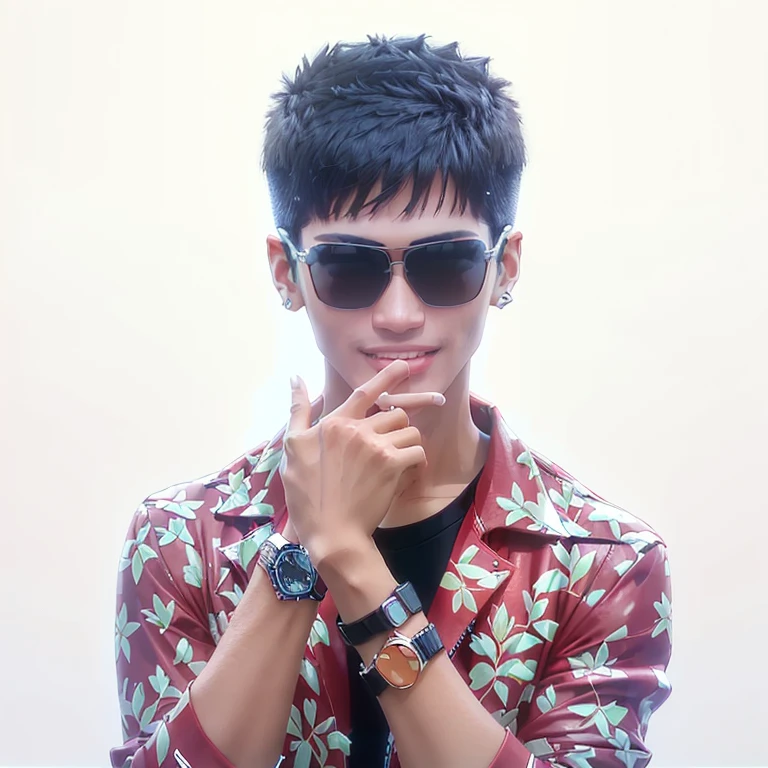 A man poses for a photo wearing sunglasses and a watch, cute,handsome,yougth,summer,humanoide,cinematic shot