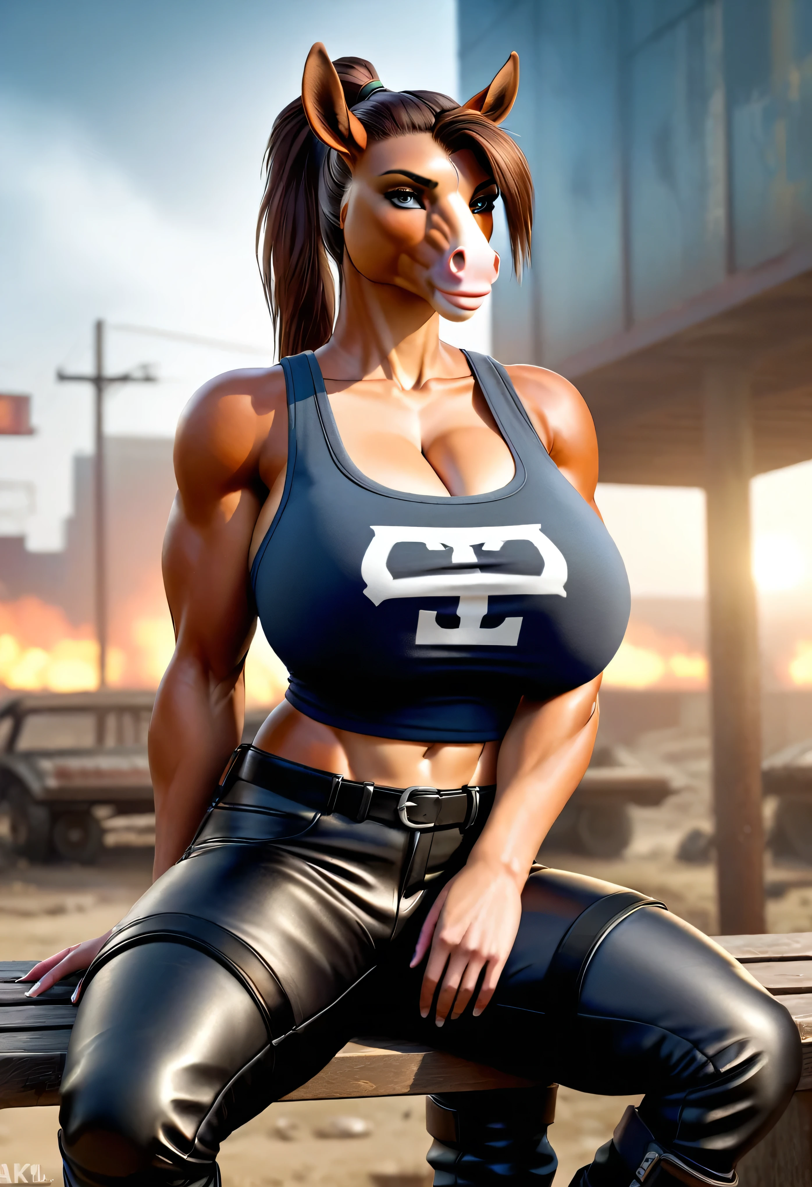 4k highly detailed realistic digital extremely high quality drawing, masterpiece, (by keeltheequine), (uploaded on e621), (a full-body portrait of a female anthro horse), (relaxing on a bench in a post-apocalyptic wasteland), ((wearing a tanktop, tight leather pants and combat boots)), (beautiful and detailed eyes:1.1), ponytail, fur, seductive, sexy, voluptuous, curvy body, hourglass figure, huge breasts, muscles, cinematic lighting, (f1.8 short focus bokeh)