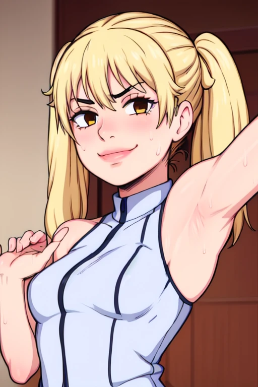 masterpiece, best quality, mary saotome, looking at viewer, small breasts, upper body, portrait, looking at viewer, seductive smile,both hands raised, armpits, armpits visible, sweaty armpits, twintail yellow hair