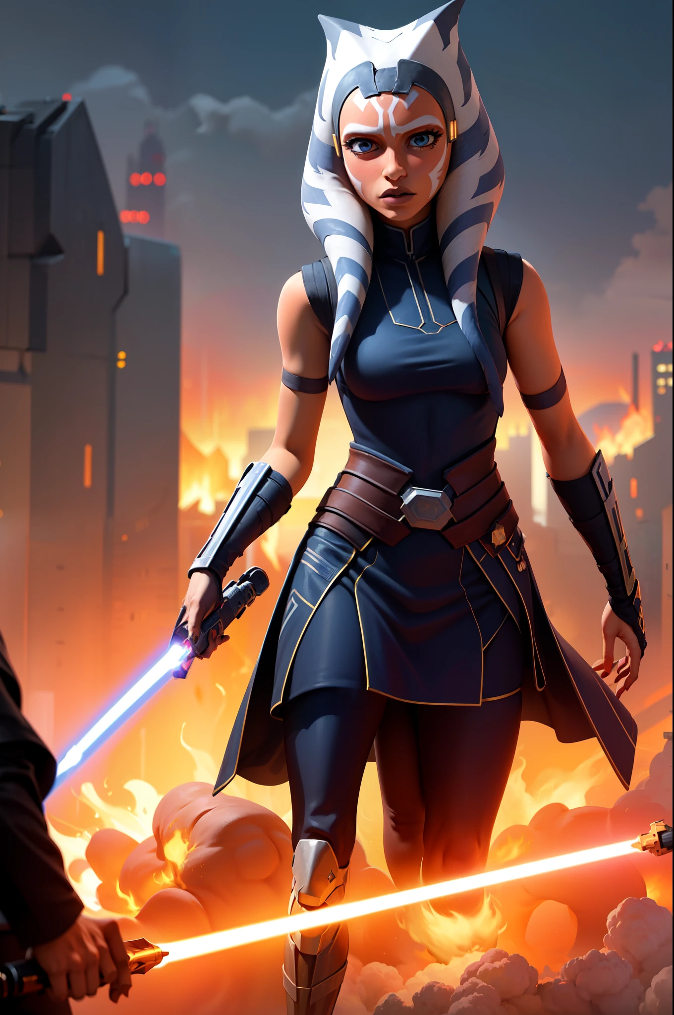 (masterpiece, best quality, ultra-detailed), AhsokaTano, (orange skin:1.2), blue eyes, makeup, medium breasts, blush, jedi cloak robe, star wars jedi robe, jedi cloak, fully clothed, battlefield, war, city, destruction, fire, smoke, invasion, nighttime, confident, focused, serious face, standing, holding blue light saber