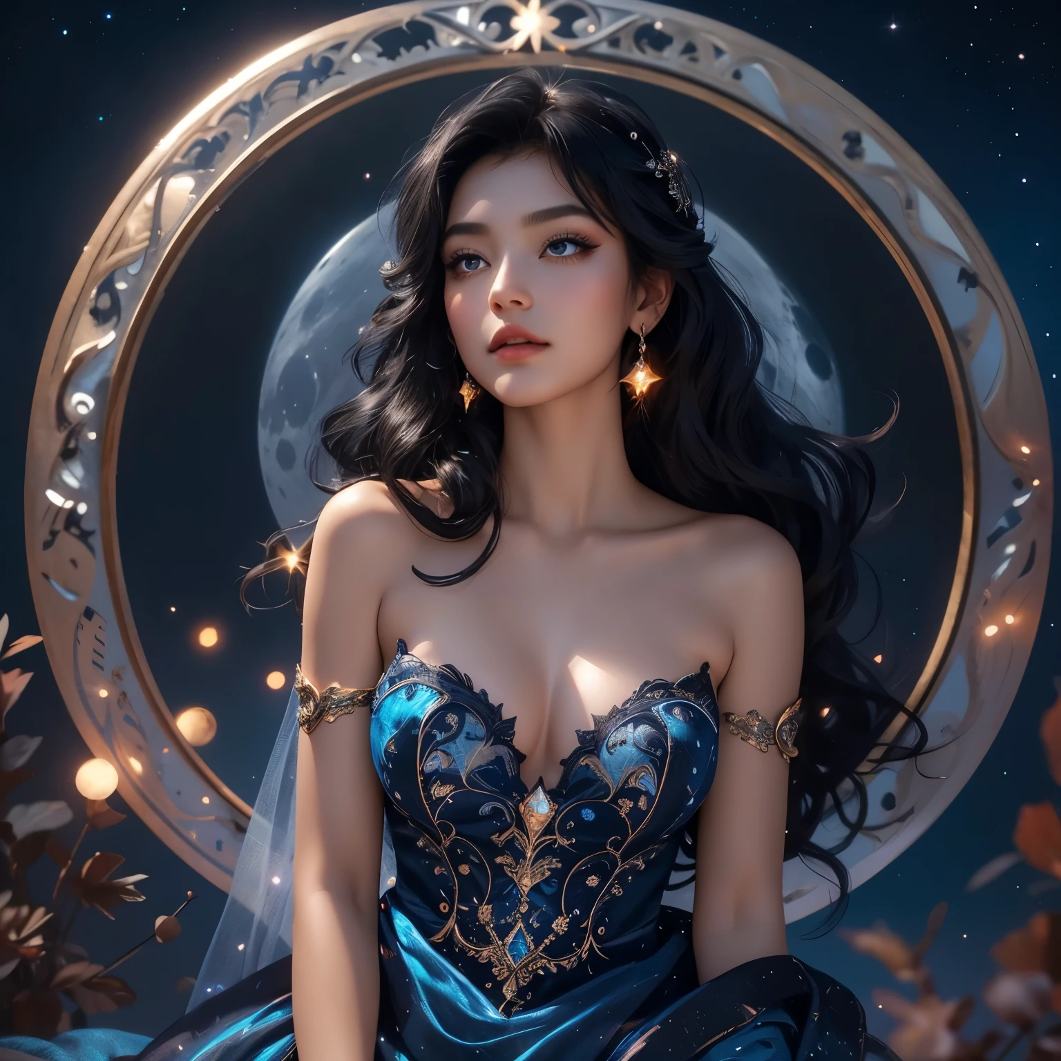 In the quiet stillness of the night, a black haired fairy of the moon sits upon her shimmering bedazzled crescent throne, her eyes alight with wonder as she watches a single star shoot across the sky. The stellar winds blow hot and cold, carrying her thoughts and dreams to the far reaches of the universe, much jewelry, topiary, filigree, beautiful silken dress, lacey accessories, time, full beautiful hair, beautiful eyes, swirling curling twirling beautiful fluffy hair, slightly light red blue moon colored gown,