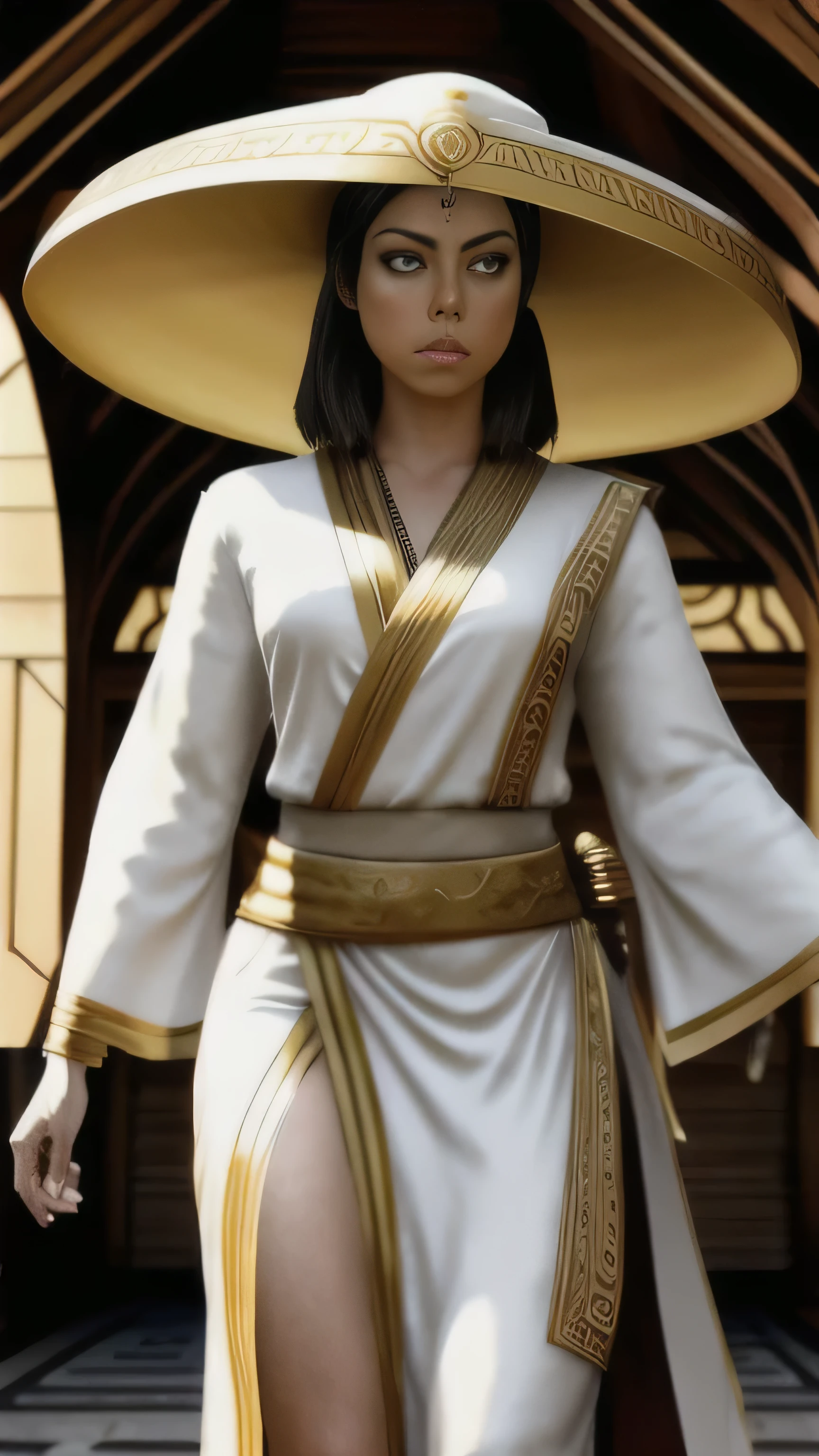 (Aubrey Plaza) as Ashrah from Mortal Kombat, brown eyes, brown hair, white robes, gold trim, large hat with veil, mystical body tattoos, mystical symbols, outside, temple, morning, lake, 1woman, solo, full body view, front view, looking at viewer, intricate, high detail, sharp focus, dramatic, photorealistic painting art by greg rutkowski