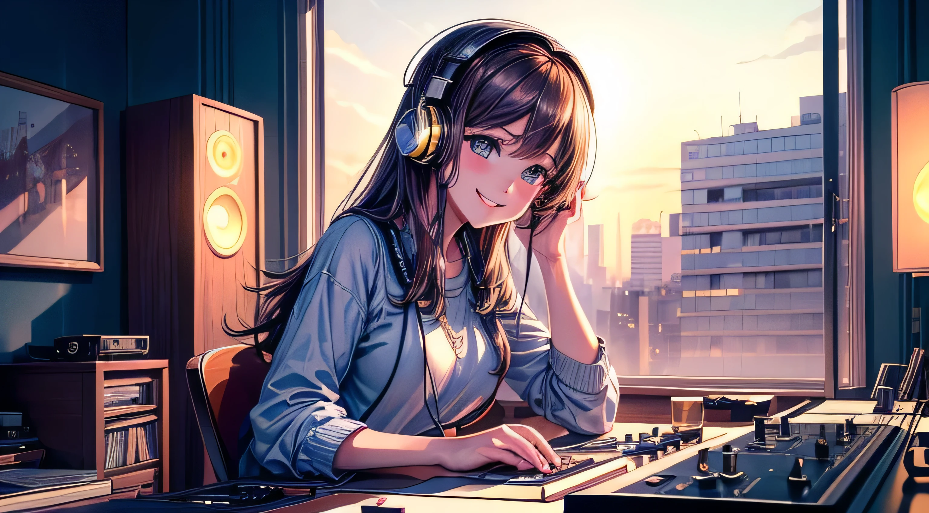 highest quality, 4k wallpaper, masterpiece, Very detailed CG Unity 8k wallpaper, Very fine grain, Very detailed, Intricate details,A smiling girl playing DJ, indoor,record,DJ,headphone,Lo-fi Girl, 80s anime art style