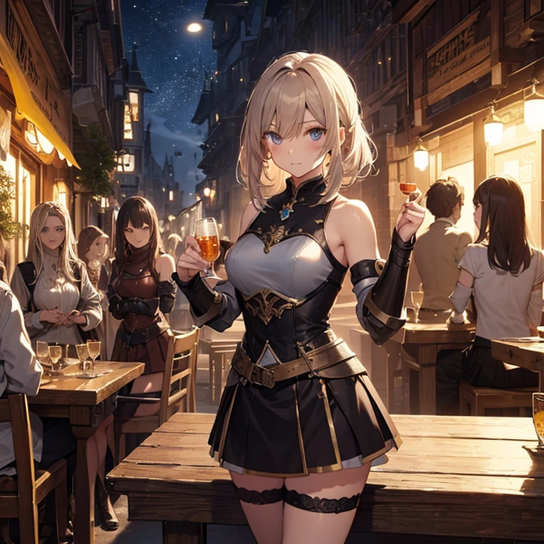 A group of female medieval fantasy adventurers, (in tavern), various hair styles, harem, night, details face, short skirt, seducing, sleeveless, armor