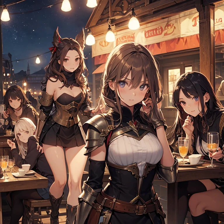 A group of  female medieval fantasy adventurers, (in tavern), various hair styles, harem, night, details face, short skirt, seducing, sleeveless, armor 