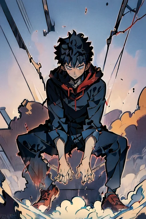 ((Masterpiece, Best Quality, 2d, anime)), (1 boy, Solo: 2), itadori, itadori_yuuji, black hair, red hoodie, open hoodie, hoodie off, blue eyes, Illustration,  ragemode, wild hair, destruction, crouching, 