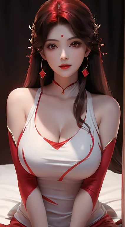 Black long hair，Red hair accessories，Beautiful hairstyle，Brown eyes，red sleeveless shirt，bright red clothes，Big Breasts，(Cleavage)，