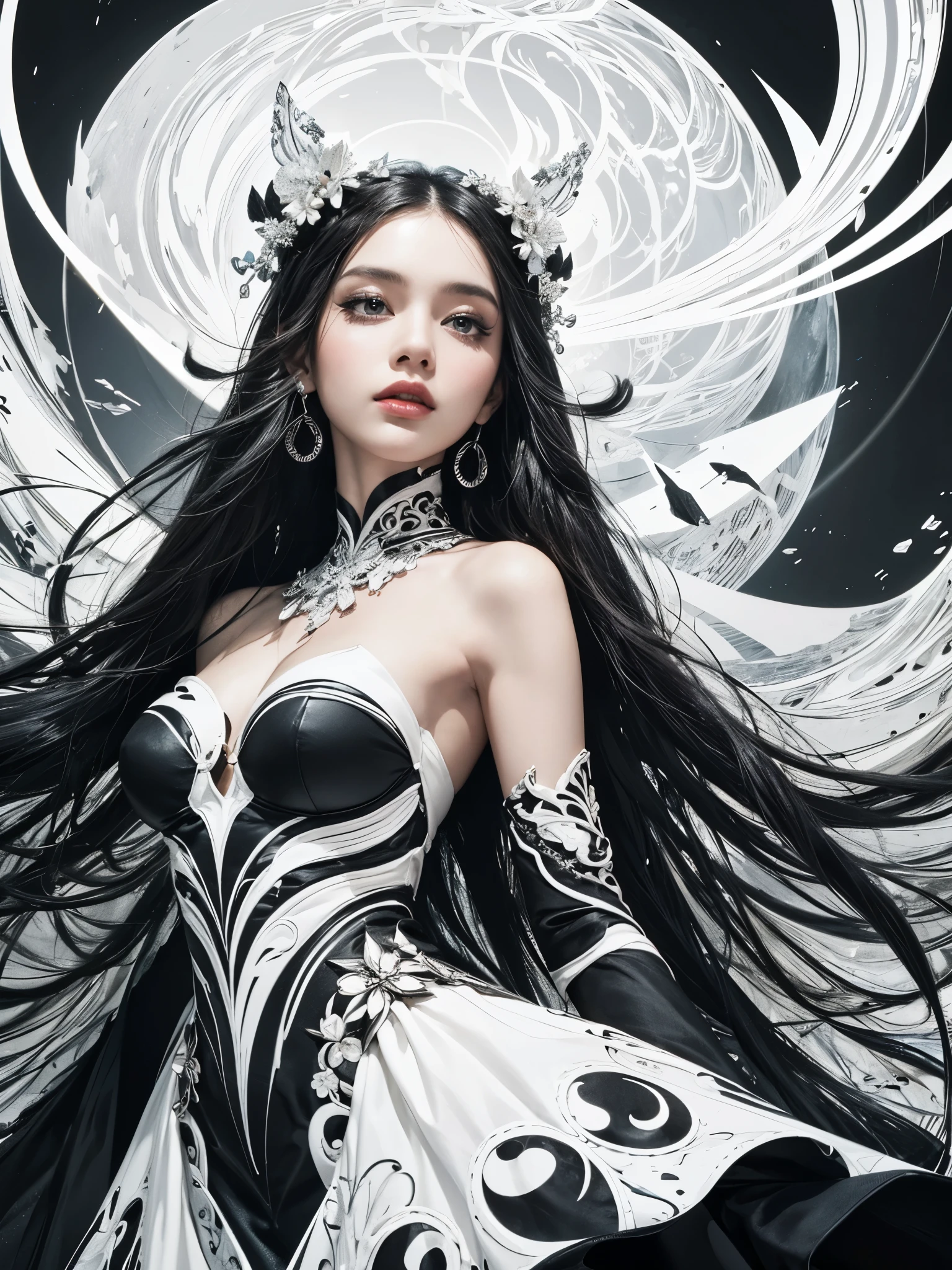 brand collection, fashion brand theme, highly detailed, beautiful, masterpiece, best quality, Geometric style abstract beauty,1 girl,, approaching perfection, digital painting, artstation, concept art, illustration, white and black colors, swirling patterns, abstract forms, surreal, Scattered geometry,
white petals, complicated background