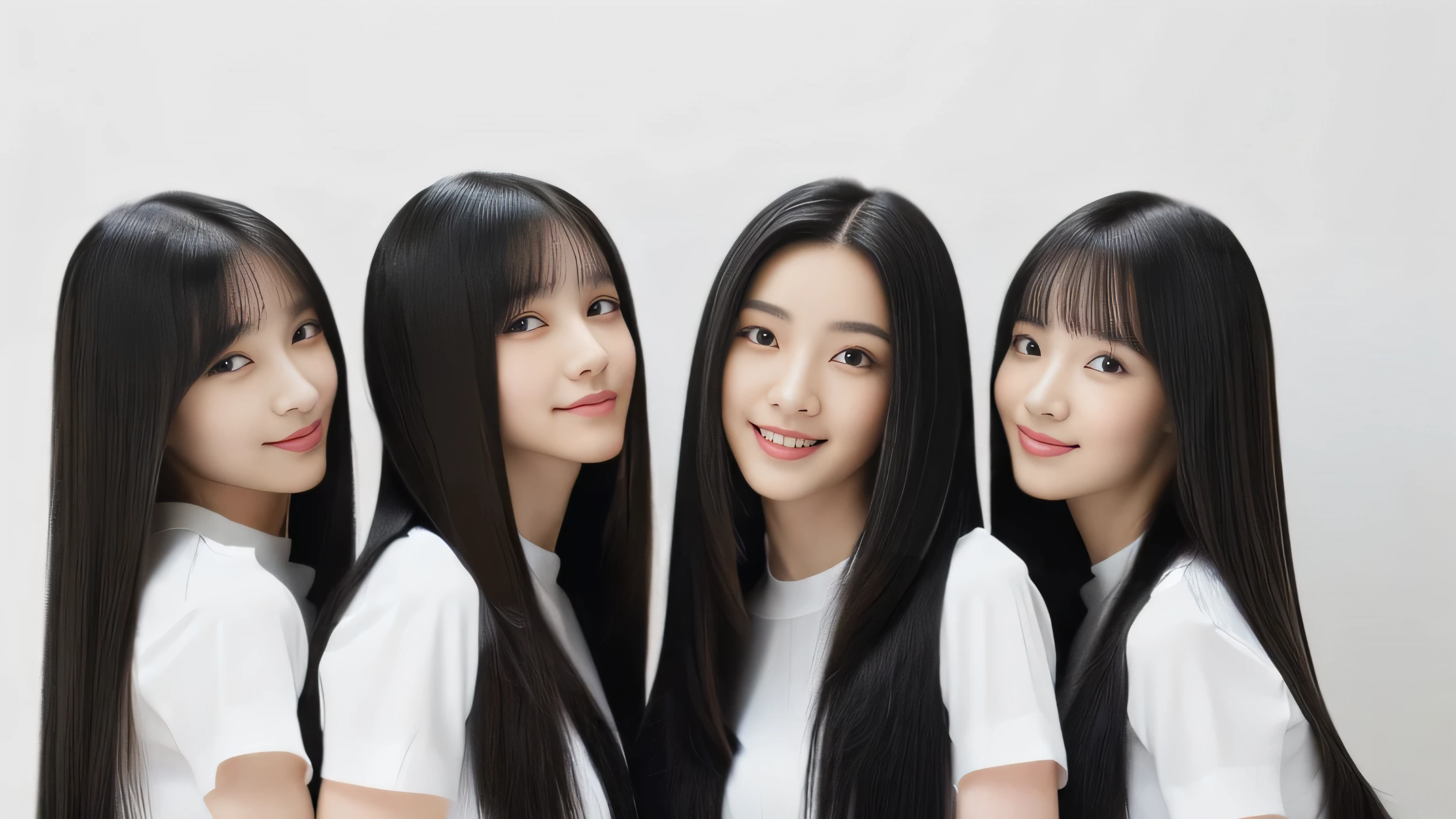 (A close-up of the faces of three identical twin triplets in the same space:1.3) ((Three clone triplets:1.3 are close to each other、Gives viewers random happy looks:1.4)) (They are are the same clone) ((They are try to show off their hair as much as possible.,)) ((Beautiful 18-year-old model with long black hair, girl with super length Hair, extremely length Hair, extra length Hair, very long, Flowing Hair, very length Hair, length Hair girl, very long, Flowing black hair, length Hair windy, Very long black hair, length, Flowing Hair,Incredibly long-lasting hair, length Hair!!!! Her highest quality hair is long and straight., very long, highest quality black hair, length hair in the center, Highest quality long straight hair, length, straight, beautiful, High quality hair, length and free black highest quality straight hair, length Hair, length and straight, highest quality black hair, Perfect silky straight hair of the highest quality, straight, highest quality black hair, length black straight hair, length, Thin black hair Her hair is long and straight, very long black hair, length hair in the center, length straight hair, length, straight, beautiful hair of the highest quality, length Hair, length, straight black hair, length and free straight black hair, straight black hair)) (Her bangs are perfect.:1.3) (Pure white wall background:1.8) (Japan's most sexy and beautiful 18-year-old beauty model) ((highest quality)), ((masterpiece)), (Familiar) (Get used to it) Perfect Face (Her skin is a typical Japanese skin color.......、And very detailed) (Big Breasts:1.3) (She has a beautiful face and a typical Japanese figure...., Narrow eyes) (She has perfect beautiful makeup and face Lipstick is light red A solid eyeliner) ((Rich 1.4)) (Extremely detailed 8K) (Ultra-fine skin texture 1.4) (Actual, Vibrant:1.4), double eyelid Sharp focus:1.2、Beautiful woman:1.4 Dynamic Lighting (Genuine RAW photos taken by professional photographers) Professional Hair Shine. (((Unusually long black hair that lasts forever 1.3))) (length, Shiny black hair, The woman has long black hair, lengthBlack hair, Waist-length hair,