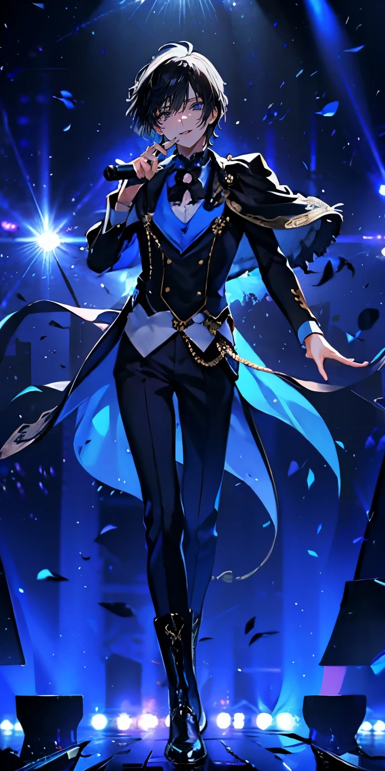 (Mastepiece), (Best Quality), Very detailed, ((1 boy)), Perfect Face, Beautiful Face, Very detailedな顔，((Black Hair_short hair_Blue eyes:1.3))，Full body photography、Male solo idol、Gorgeous idol costumes、Cape、boots、(pants:1.2)、(Hold the microphone)、stage、Concert Dome、Lots of confetti、(smile:1.4)、(Open your mouth wide)、sing、dance、Wink、Laser light、Spotlight