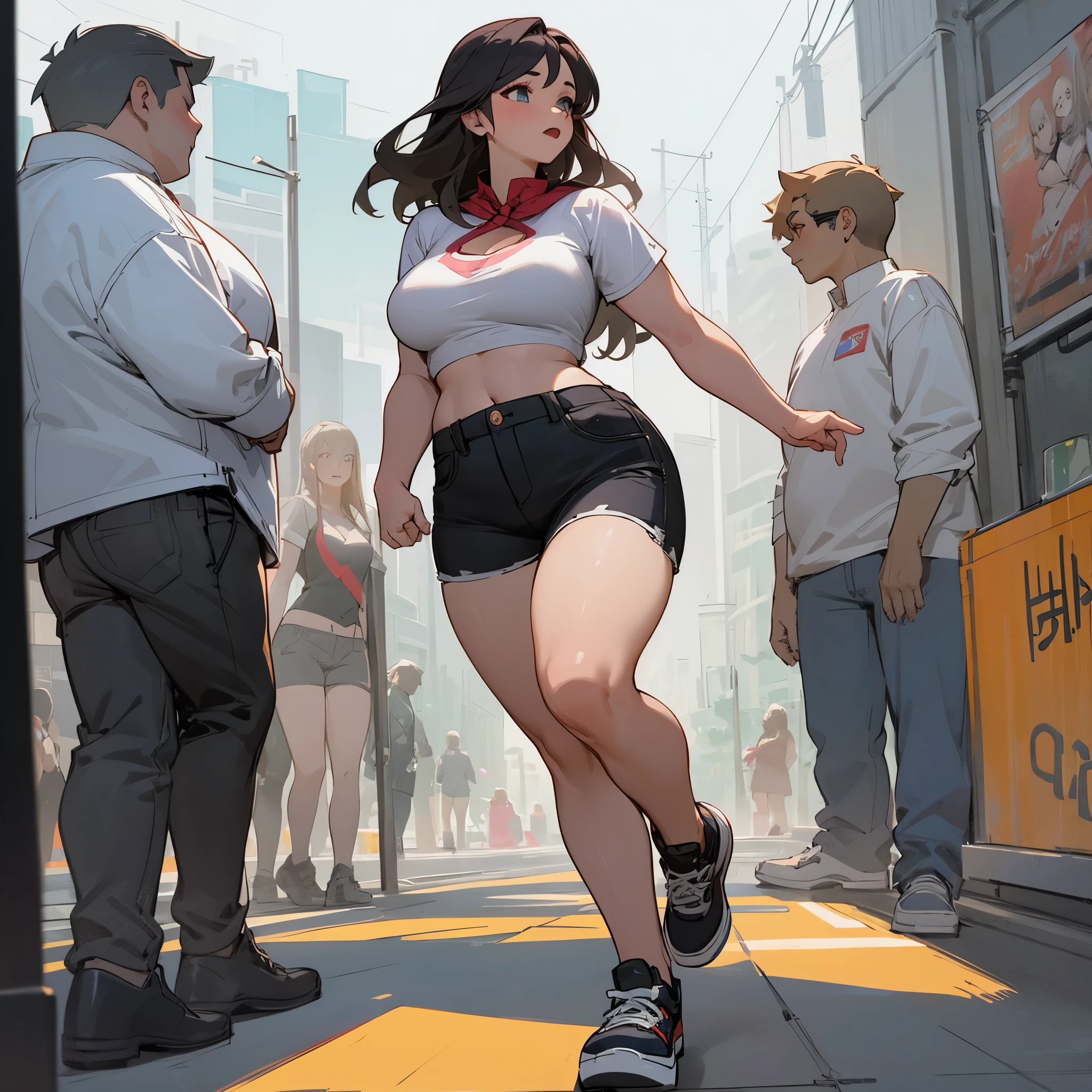 plus size, curvy, overweight girl wearing a pair of ripped shorts and a crop top walking down a crowded street next to a thinner flat chested girl wearing a tight dress, the plus size girl is the center of attention, seeming prettier than the other girl despite wearing average clothes. full body drawings.