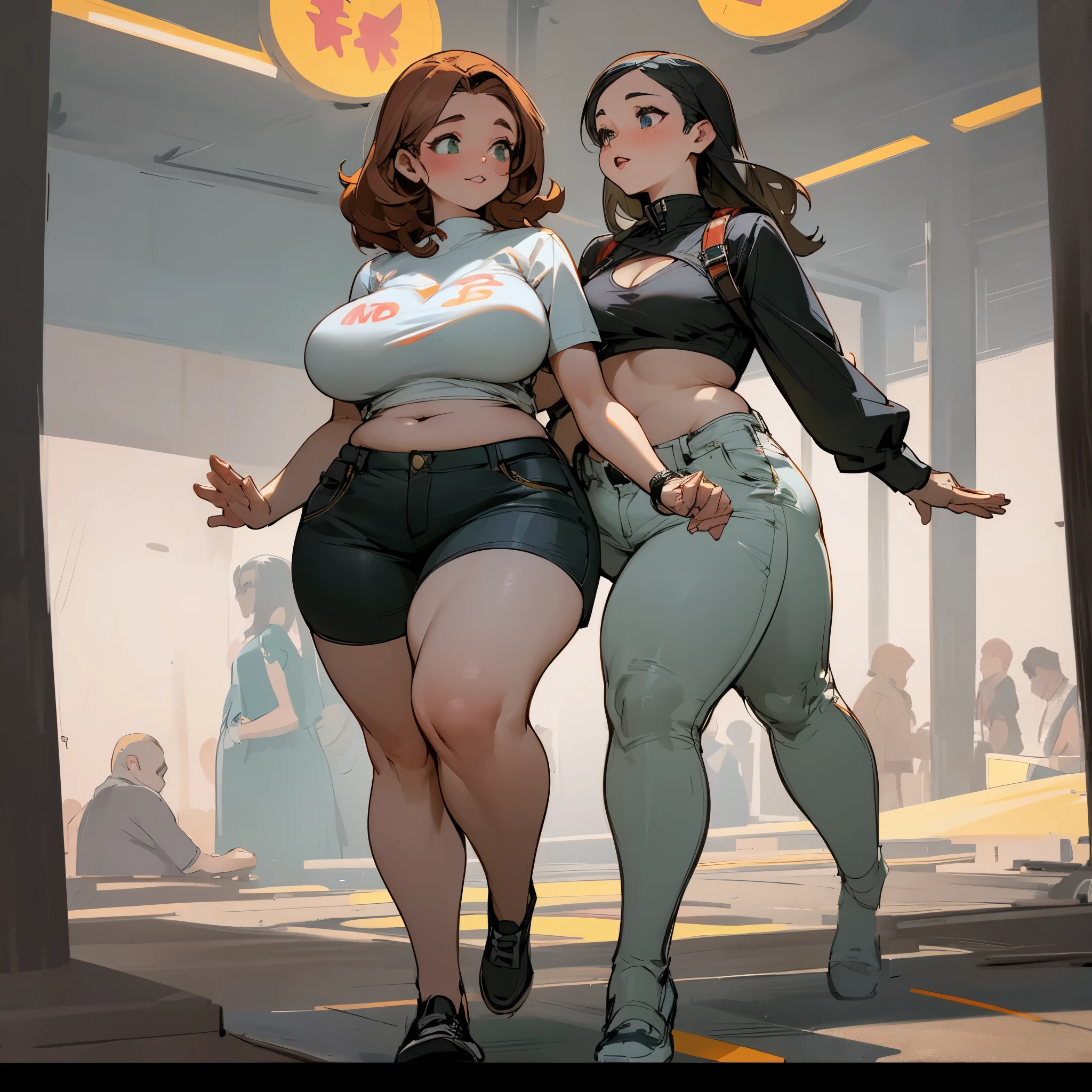 plus size, curvy, overweight girl wearing a pair of ripped shorts and a crop top walking down a crowded street next to a thinner flat chested girl wearing a tight dress, the plus size girl is the center of attention, seeming prettier than the other girl despite wearing average clothes. full body drawings.