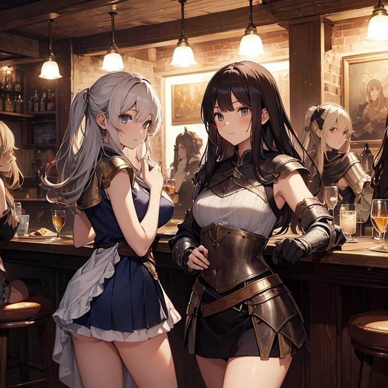 A group of  female medieval fantasy adventurers, (in tavern), various hair styles, harem, night, details face, short skirt, seducing, sleeveless, armor 