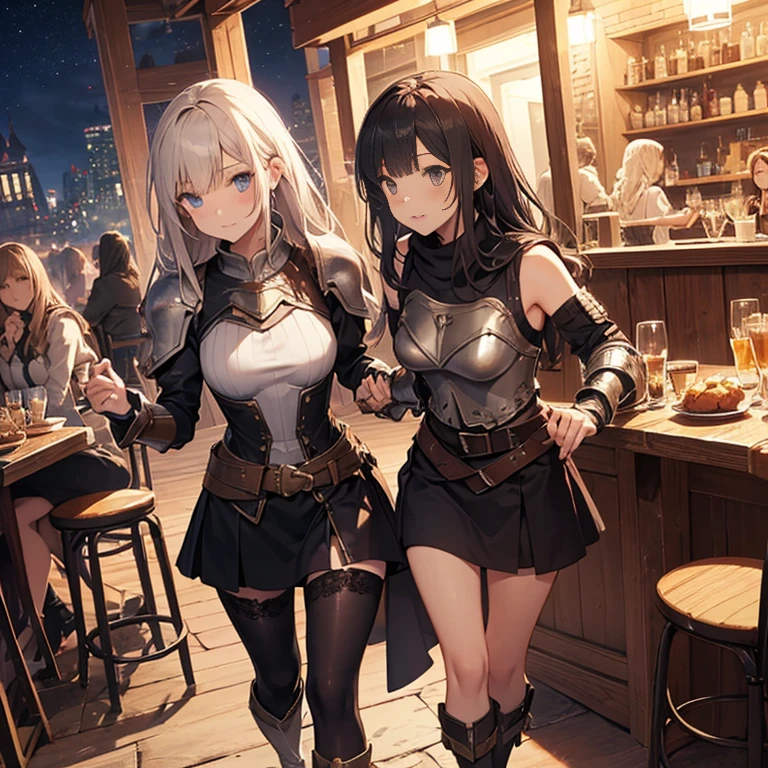 A group of  female medieval fantasy adventurers, (in tavern), various hair styles, harem, night, details face, short skirt, seducing, sleeveless, armor 